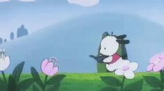 a cartoon dog is playing with flowers in the grass