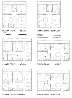 four floor plans showing the different rooms in each room, including one bedroom and two bathrooms