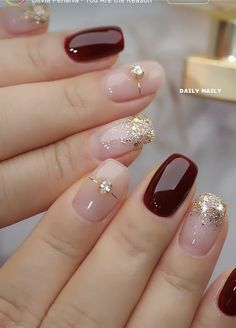 Maroon Nails, January Nails, Valentine Nails, Fancy Nails Designs, Beauty Nails Design, Gold Nail, Her Nails, Cute Gel Nails, Bridal Nails