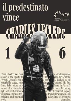 an advertisement for charles leferc's racing team, featuring a man in a helmet