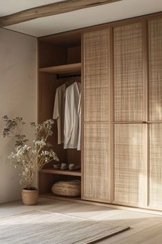 an open closet with clothes hanging on the doors and plants in a pot next to it