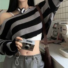 Blackpink Vintage, 2023 Ideas, Crop Pullover, 일본 패션, Off Shoulder Sweater, Long Sleeve Knit Sweaters, American Beauty