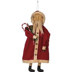 a santa claus doll holding a candy cane and wearing a red coat with white trim