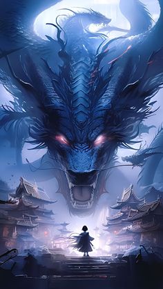 a person standing in front of a dragon with red eyes and an evil look on their face