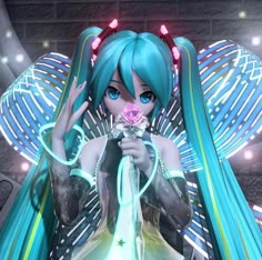 an animated woman with blue hair holding a microphone in front of her face and lights behind her