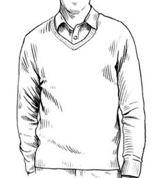 a black and white drawing of a man wearing a sweater with his hands in his pockets