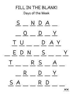 fill in the blank days of the week