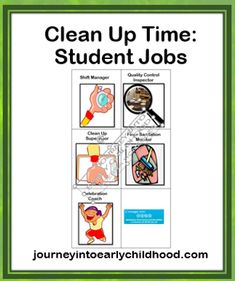 the clean up time student jobs poster is shown with pictures of different objects and words