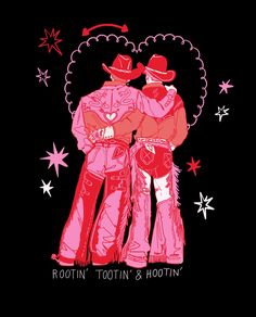 two men in cowboy hats hugging each other on a black background with stars and confetti