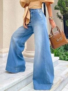 Affordable price buy Jeans on Zolucky, SPU: 2941AJE21B9CC, Color: Denim Blue, Elasticity:No Elasticity, Thickness:Regular. Style Wide Leg Pants, Denim Street Style, High Waist Wide Leg Jeans, Lined Jeans, Mode Casual, Jeans Mom, Long Jeans, Fashion Attire, Boot Cut Denim