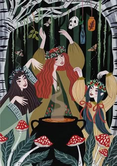 an image of two women in the woods with flowers on their heads and leaves around them