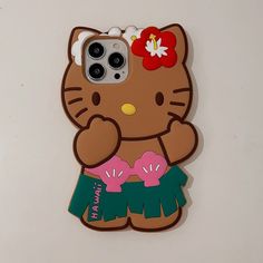 a hello kitty phone case with a flower in her hair and a hula skirt