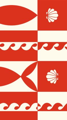 a red and white checkerboard pattern with fish on the bottom, waves in the middle