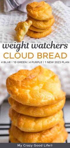 a stack of biscuits with the words weight watchers cloud bread on top and below