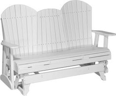 a white wooden bench with two chairs on it