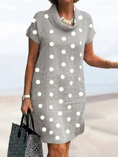 Casual Dress Cotton Linen Dress Shift Dress Midi Dress Cotton Blend Fashion Modern Outdoor Daily Cowl Neck Print Short Sleeve Summer Spring  Regular Fit Gray Polka Dot S M L XL 2XL for Women Polka Dot Dress Summer, Dot Print Dress, Grey Midi Dress, Midi Shift Dress, Cotton Linen Dresses, Cotton Blends Dress, Straight Dress, Vestido Casual, Types Of Dresses