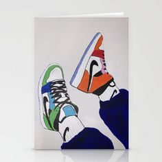 a painting of a person's feet with sneakers on them, in front of a white wall