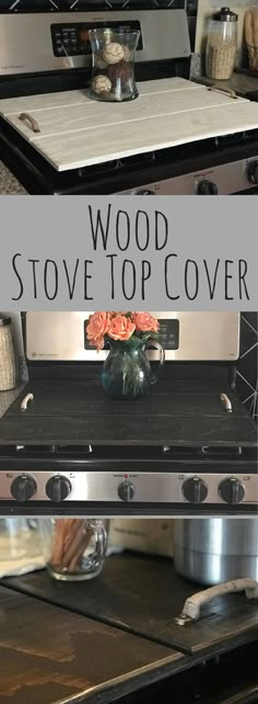 a stove that has some flowers on it and the words wood stove top cover above it