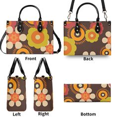 -Get groovy with our Flower Power 70s inspired handbag! -Made with PU leather, this retro bag is perfect for any occasion. -Bring some flower power to your outfit and turn heads with this unique and fun accessory. -Keep your essentials organized with its spacious interior and multiple pockets. -Give your style a funky twist with our Flower Power handbag! Upgrade your style with this New Version Luxury Women PU Leather Handbag. Crafted from premium PU leather, this handbag features a smooth zippe Retro Rectangular Bag With Leather Handles, Retro Rectangular Shoulder Bag With Leather Handles, Retro Satchel With Leather Handles, Retro Shoulder Bag With Leather Handles For Shopping, Retro Satchel With Leather Handles For Shopping, Retro Brown Satchel, Retro Leather Shoulder Bag, Retro Brown Satchel With Removable Pouch, Modern Duvet