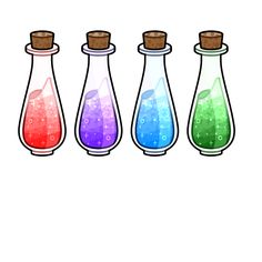 four bottles filled with different colored liquids