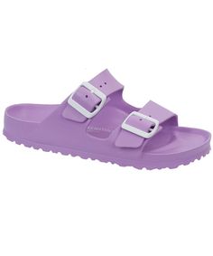 Birkenstock Arizona EVA in Lavender. This cork free version of the standard Arizona sandal is a great water-friendly sandal for summer.  #birkexpress #birkenstockexpress #birkenstock #purple #lavender #lightpurple #essentials #EVA #waterproofsandal #waterproofbirk #waterbirkenstock #twostrapsandal #easysandal #summeroutfitideas #spring #newarrivals Grunge Shoes, Bday List, Purple Things, Beach Slides