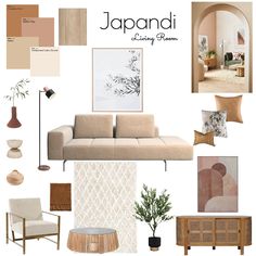 an interior design board with neutrals and browns in the living room, dining room or bedroom