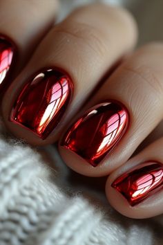 Red Metalic Nails Ideas, Red And Black Chrome Nails Designs, Unique Nail Color Ideas, Pink And Red Chrome Nails, Red Chrome Nails Designs Valentines, Red Iridescent Nails, Chrome Red Nails Designs, Best Chrome Nails, Dark Red Chrome Nails