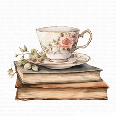 a watercolor painting of a tea cup and saucer on top of two books