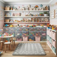 a child's playroom with lots of toys and storage bins on the wall