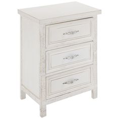 a white nightstand with two drawers on each side and one drawer open to reveal the bottom