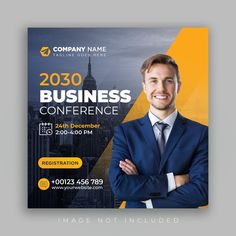 a business conference flyer with a man in a suit