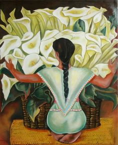 a painting of a woman sitting in front of flowers