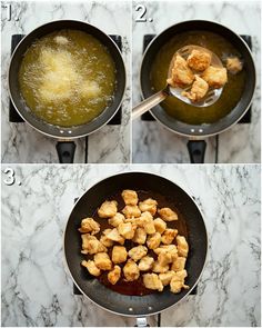 four pictures showing how to make chicken cubes in a skillet with broth