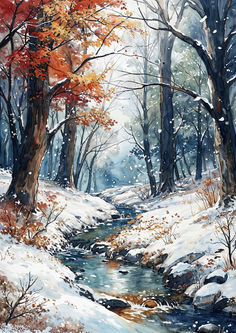 Watercolor painting of a small creek flowing through a snowy landscape with a mix of autumnal and wintery trees. Orange and red leaves cling to branches dusted with snow, while white flakes fall softly against a backdrop of subdued winter blues and grays, evoking a serene and peaceful atmosphere. Bird In Snow Painting, Winter Inspired Paintings, Winter Landscape Watercolor Painting, Winter Autumn Aesthetic, Winter Art Watercolor, Winter Landscape Acrylic Painting, Winter Watercolor Ideas, Acrylic Winter Paintings, Snowy Landscape Painting