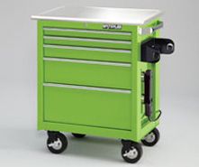 a pink tool box on wheels with the top open and two drawers in front of it