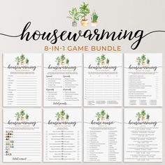 the printable housewarming game bundle is shown in black and white with green plants