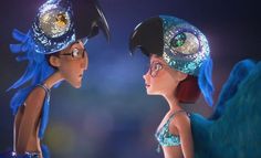 two cartoon characters dressed in blue and green costumes, one with glasses on her head