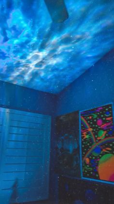 a room with blue walls and a ceiling that has an image of planets on it