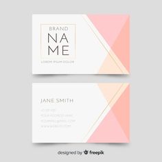 a white business card with pink and gold geometric shapes