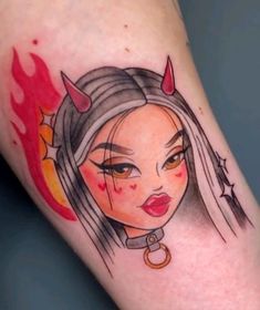 a girl with horns and piercings on her head is shown in this tattoo design