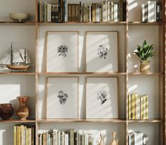 the bookshelf is filled with vases and pictures