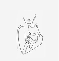 a line drawing of a woman holding a cat in her arms and looking at the camera