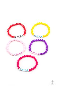 Bracelets in assorted colors.  Spelling out the word, "LOVE,'" this colorful stretchy bracelet is in the shade of Purple beads.

Sold as one kid's stretch bracelet. Paparazzi Accessories Jewelry, Children's Jewelry, The Word Love, Bracelet Kit, Word Love, Bracelet Kits, Yellow And Purple, Kids Bracelets, Paparazzi Accessories