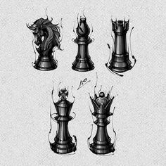 some kind of chess set up on a white paper with black ink and pen drawing