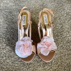 a pair of pink shoes with flowers on the toes and heels are sitting on carpet