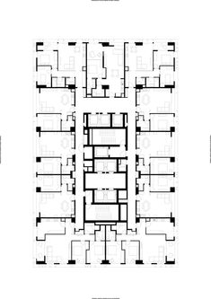 the floor plan for an office building with multiple floors and several rooms, all in black and white