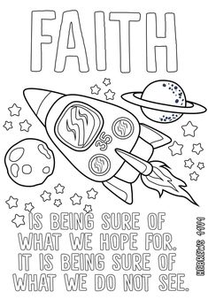 a coloring page with the words faith and an image of a rocket ship in space