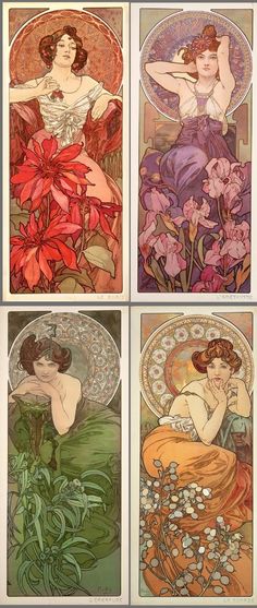 four art nouveau style posters with flowers and women