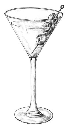 an ink drawing of a martini glass with olives on the rim and garnish