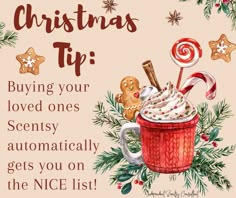 a christmas card with a hot chocolate drink and candy canes on it's side